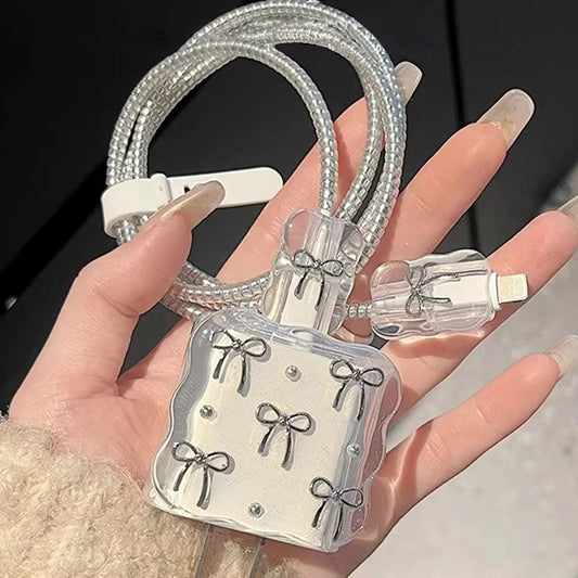 Transparent Shining Bowknot Cellphone Charger Protective Case Sleeve for Apple Iphone 18/20W Laser Cable Winder Wire Protectors