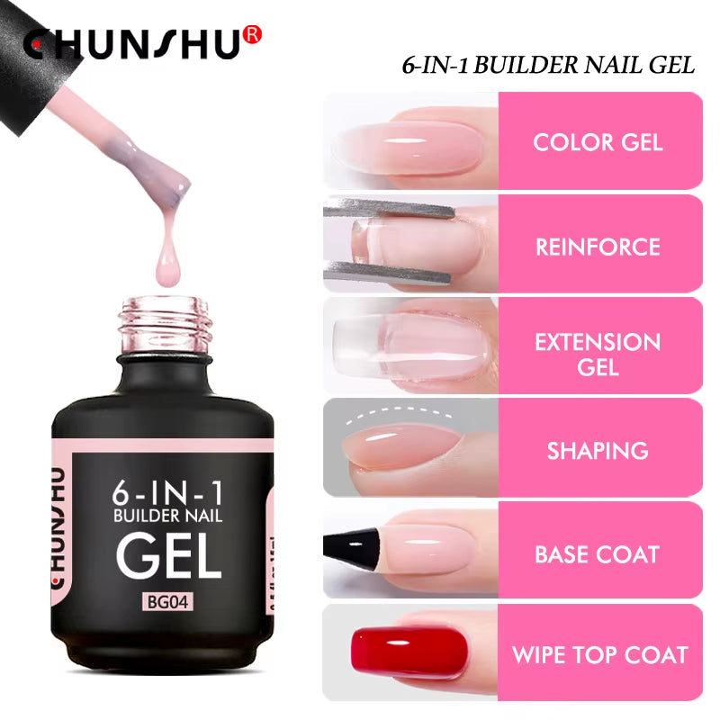 6 in 1 Extension UV Gel Polish in a Bottle Builder Nail Gel Rubber Base Coat Semi Permanent Nails Art Self-Leveling 15ML
