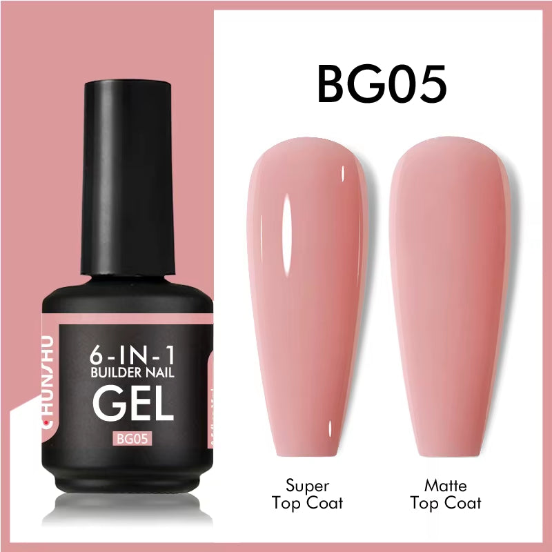 6 in 1 Extension UV Gel Polish in a Bottle Builder Nail Gel Rubber Base Coat Semi Permanent Nails Art Self-Leveling 15ML